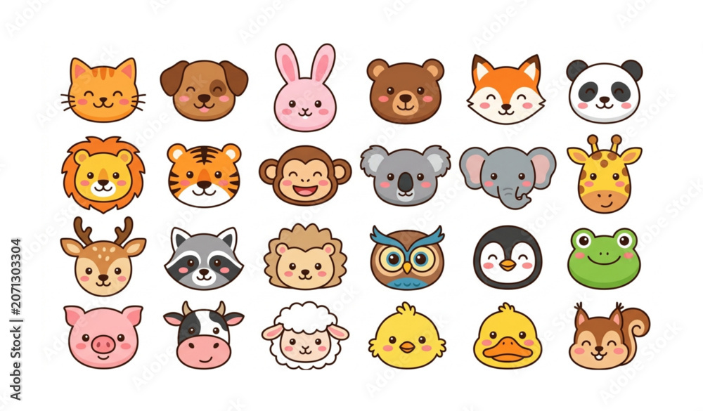 Fototapeta premium Cute Animal Face Doodle Vector Collection with Adorable Cartoon Heads Flat Illustration Set
