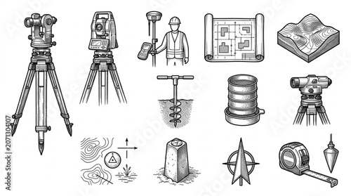 Collection of Surveying and Construction Tools and Equipment.