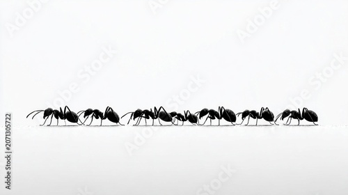 Ants marching along a bright white background