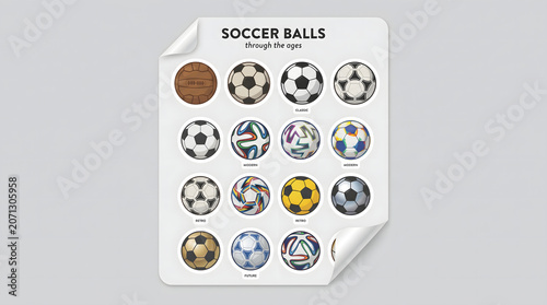 Evolution of soccer balls collection vector illustration, historic and modern football match balls set isolated on white background