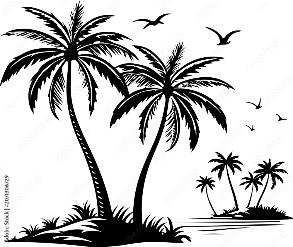 Fototapeta premium Tropical coconut palm trees silhouette vector illustration