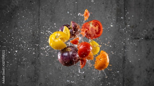 Fresh colorful heirloom tomatoes exploding in midair with droplets of water against a dark textured background