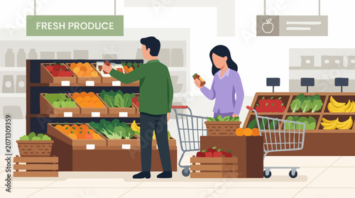 Fotografie Customers selecting fresh fruits and vegetables in a grocery store produce aisle