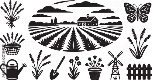 Farm, agriculture icons, rural landscape, black silhouette vector set