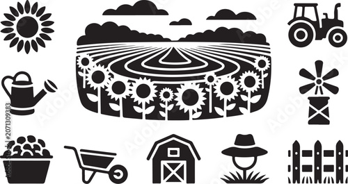 Farm, agriculture icons, black vector set, 10 illustrations, farming symbols