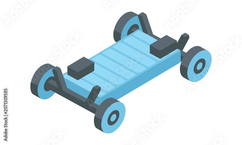 Simplified isometric view of an electric vehicle chassis with battery pack and dual motors on white background automotive engineering concept