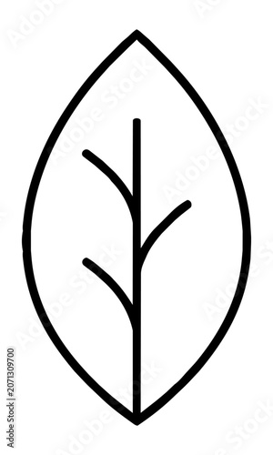 Minimalist black leaf outline icon featuring simple monoline design with balanced geometric symmetry on a clean white background, nature and ecology concept
