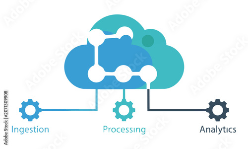 Modern data architecture diagram with a central cloud connected to three gears, professional blue, teal, and gray palette. Data processing and system architecture concept