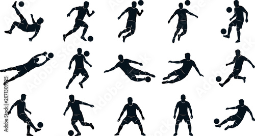 Obraz na plátně Vector black silhouette illustration set featuring various soccer football playe
