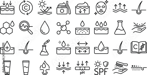 Bild auf Leinwand Dermatology and skincare line icon set with skin layer cross sections molecules