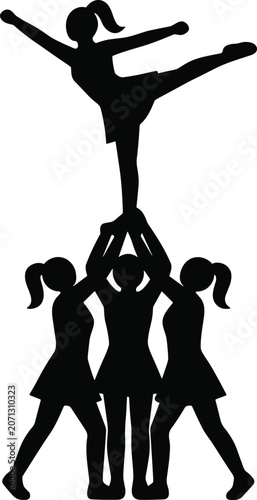 Cheerleading stunt silhouette, cheerleaders pyramid balance, acrobatic flyer stunt, team support performance, gymnastics dance girls graphic icon
