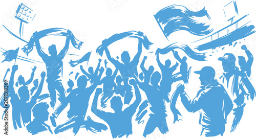 Bild auf Leinwand Dynamic blue graphic of sports fans cheering and waving scarves and flags with c