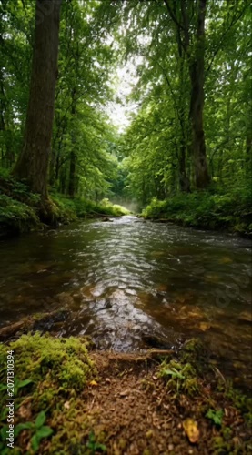 Cinematic forest river green tree nature landscape background, tranquil summer woodland with peaceful forest stream, lush foliage and moss shore, scenic water reflection under tall tree canopy