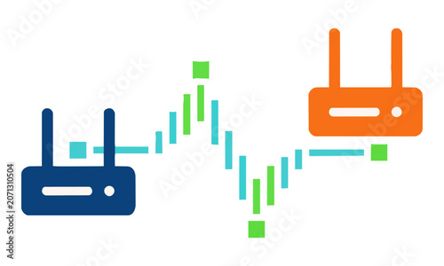 Two wireless routers connected by a stylized digital signal wave represented with bold geometric shapes and flat colors isolated on a white background network concept