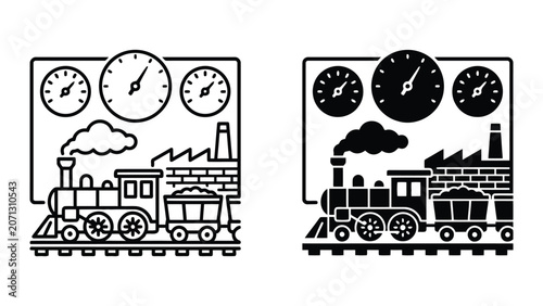 Steam locomotive train with coal car and industrial factory gauges icon representing industrial power and railway production in linear and solid black vector styles isolated on light grey