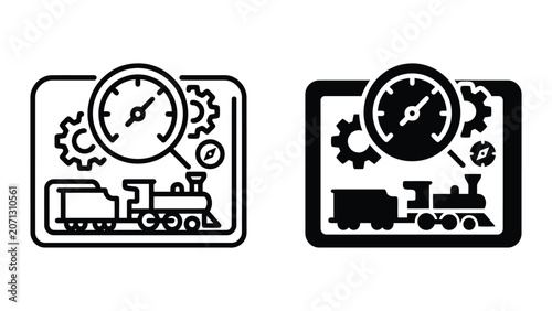 Steam locomotive train with large gauge and mechanical gears icon representing industrial monitoring and railway engineering in linear and solid black vector graphic designs on light background