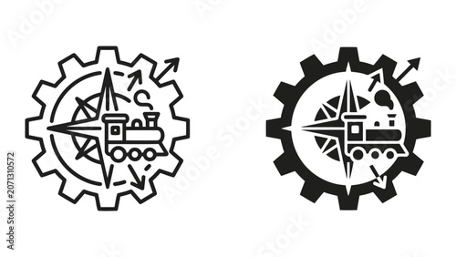 Vector icons of steam locomotive inside a gear mechanism with directional arrows representing movement and mechanical progress in minimalist black and white style for industrial design projects