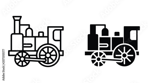 Minimalist vector icon set depicting classic steam train silhouette in outline and solid black styles for railway history and vintage transportation design themes on a clean background