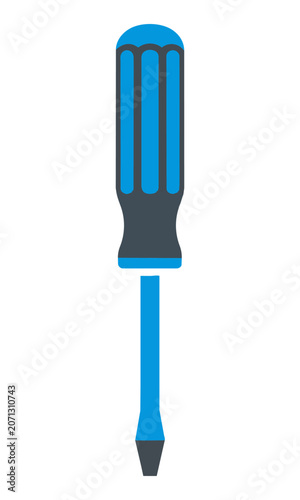 Professional manual screwdriver with a blue ribbed handle and a grey Phillips head tip isolated on white background, hardware and home improvement concept