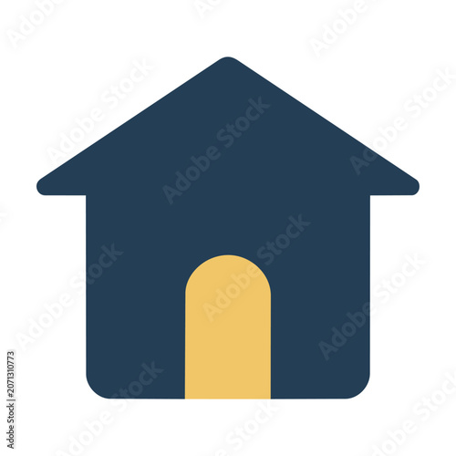 Minimalist house icon with a symmetrical pitched roof and centered door in flat navy blue and yellow colors on a white background, real estate concept