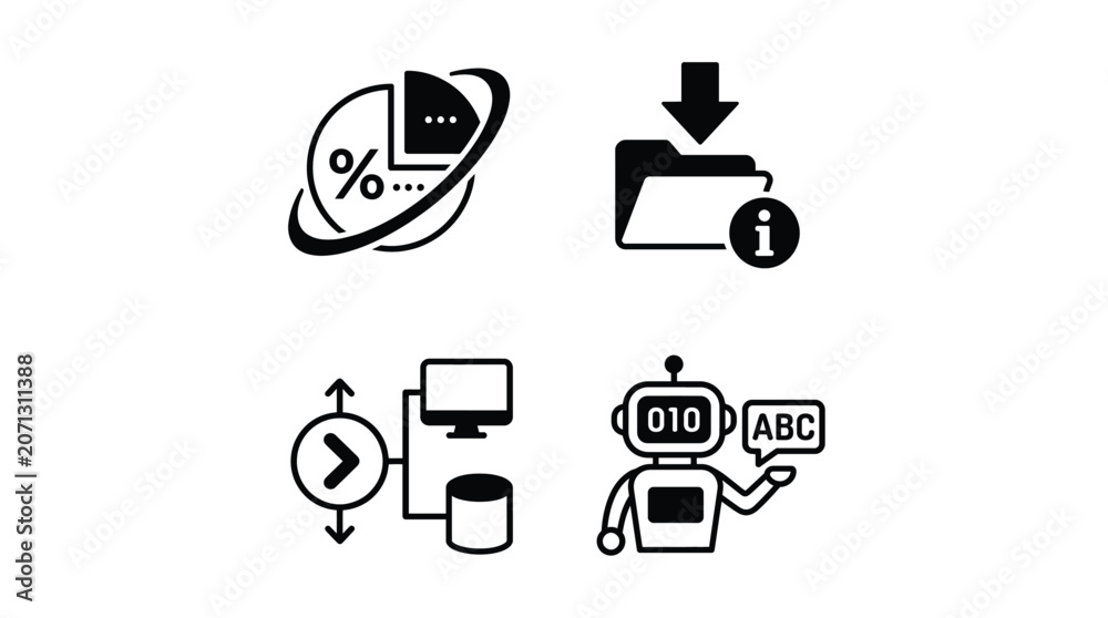 Fototapeta premium Collection of minimalist black and white icons representing digital and technology concepts.