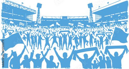 Fotografie Blue silhouette crowd of cheering sports stadium spectators waving flags and sca