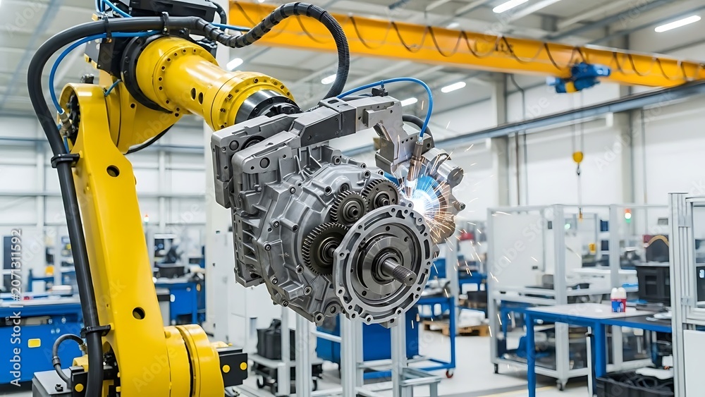 Obraz premium Robotic Arm Assembling Car Engine in Modern Factory.