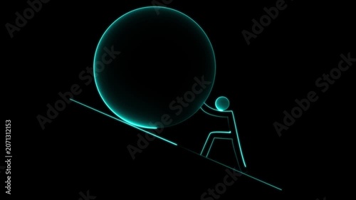 Glowing neon hard work icon isolated on black background. Neon outline of pushing boulder upward symbolizing effort and perseverance. the man hard working neon icon animation.