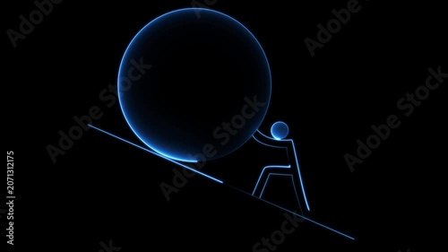 Glowing neon hard work icon isolated on black background. Neon outline of pushing boulder upward symbolizing effort and perseverance. the man hard working neon icon animation.