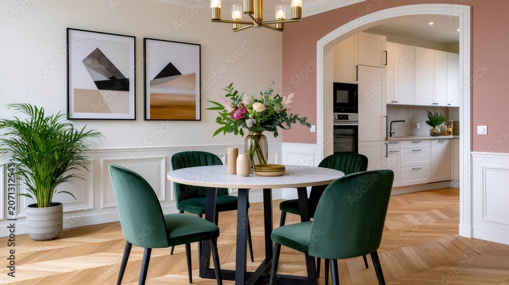Fototapeta premium Modern dining room interior featuring stylish green velvet chairs