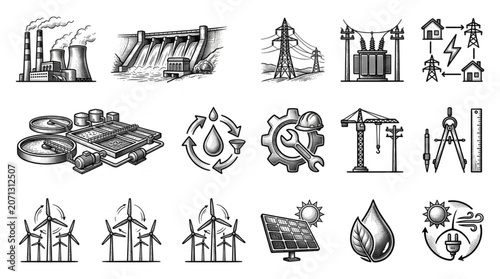Collection of Industrial and Energy Related Icons and Symbols.