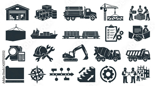 Collection of industrial and construction icons and symbols.