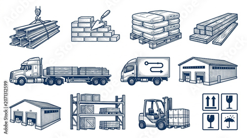 Collection of industrial and construction elements in sketch style.
