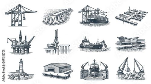 Collection of Industrial Port and Maritime Transportation Illustrations.