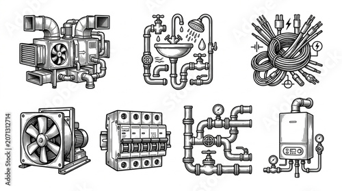 Collection of industrial mechanical and plumbing equipment illustrations.