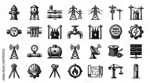 Collection of Industrial Icons and Symbols for Engineering and Construction.