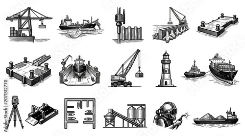 Collection of Industrial Maritime and Construction Equipment Illustrations.
