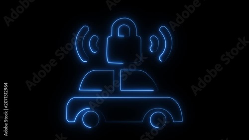 Neon car security animation: smart vehicle protection and connected auto technology