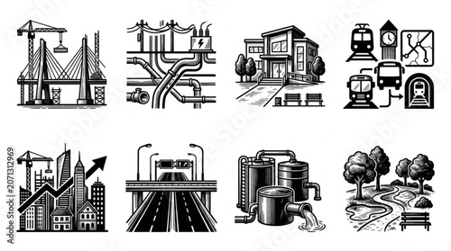 Collection of Industrial and Urban Development Illustrations.