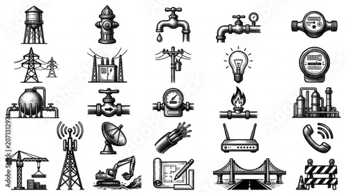 Collection of Industrial and Utility Icons Hand Drawn Style.