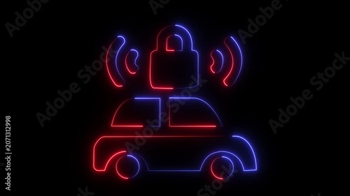 Neon car security animation: smart vehicle protection and connected auto technology