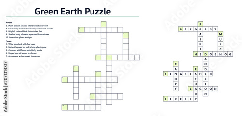 Green Earth crossword puzzle worksheet with nature clues on white background with answer