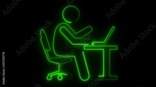 Glowing neon line working on computer icon.Businessman working in the computer icon.Office worker sitting at desk and working on computer icon