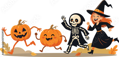 Cute Cartoon Halloween Characters Trick or Treating Vector