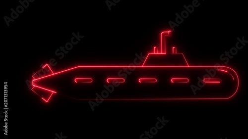glowing neon submarine icon isolated on black background. submarine showing underwater travel, marine technology, transport system and logistics journey. 4k video animation.
