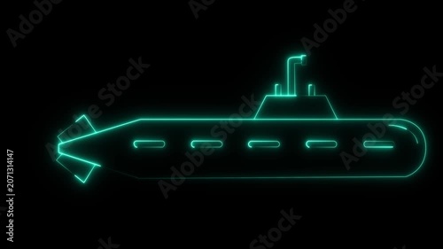 glowing neon submarine icon isolated on black background. submarine showing underwater travel, marine technology, transport system and logistics journey. 4k video animation.