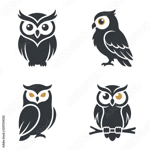Charcoal Owl Bird Silhouette Icon Set for Wildlife Education Nature Brand