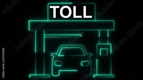 glowing neon toll plaza icon isolated on black background. road Toll icon. Toll Barrier icon for Road, Highway, Transportation, and Traffic Control. 4k video animation