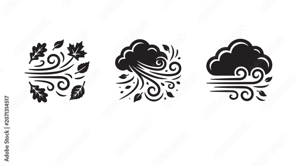 Fototapeta premium Weather Icons Set with Wind Blowing Leaves and Clouds Vector Graphic