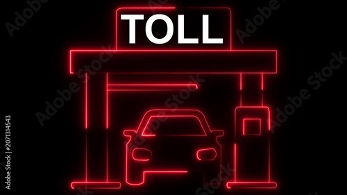 glowing neon toll plaza icon isolated on black background. road Toll icon. Toll Barrier icon for Road, Highway, Transportation, and Traffic Control. 4k video animation
